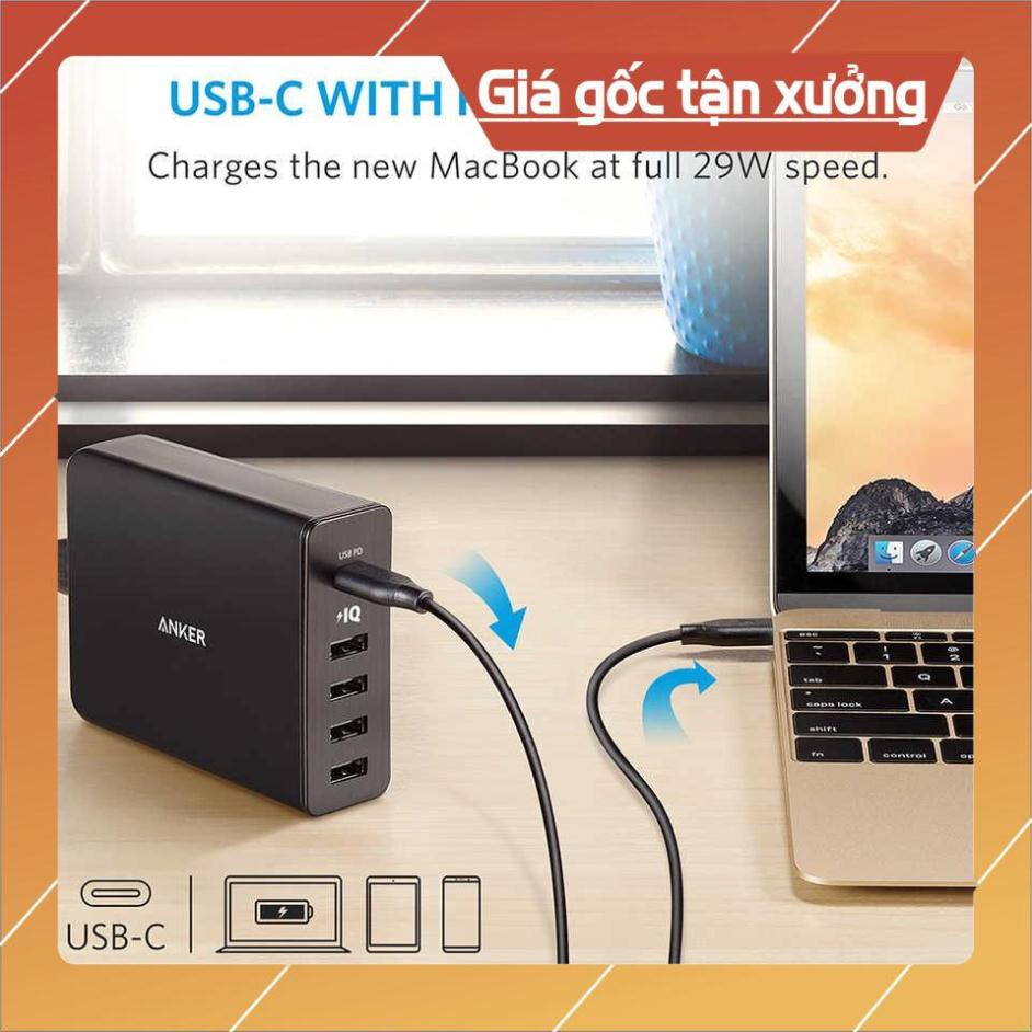 Cóc củ sạc nhanh 60W 4 cổng IQ USB & 1 cổng PD Type-C chính hãng Anker PowerPort +5 (Max 3A / Type-C và 2.4A / USB)