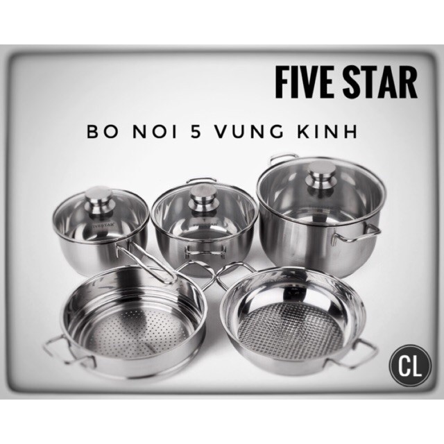Bộ 5 nồi Inox 3 đáy Fivestar nắp kính dùng bếp từ