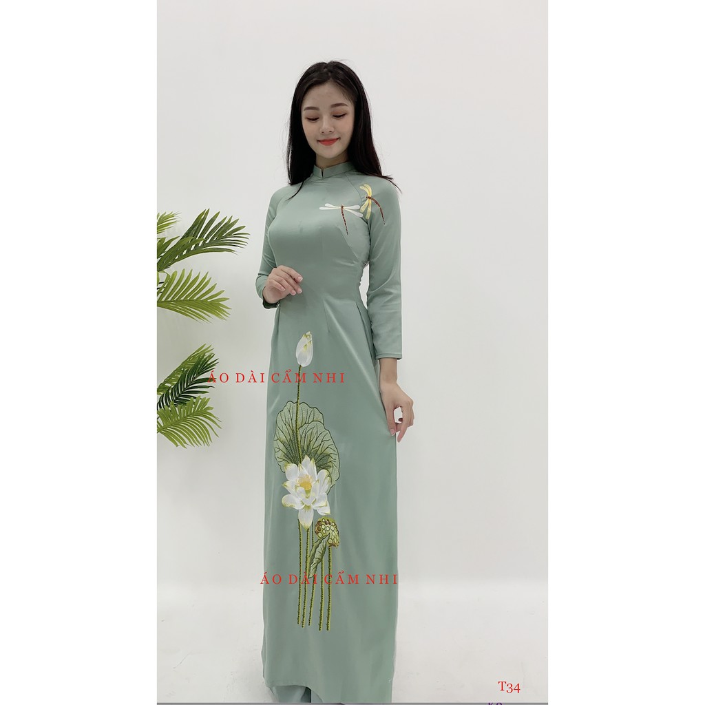 Áo Dài Truyền thống thêu sen, Áo dài thiết kế đẹp màu xanh bơ-Mã T34