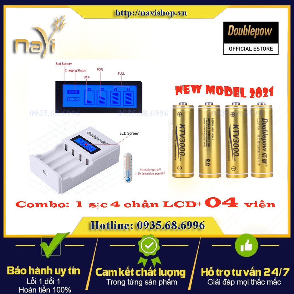 Combo Sạc LCD và 4 Pin sạc AA 3000mAh Doublepow