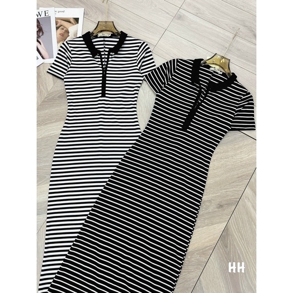 Váy body kẻ cổ bẻ khoá ngực đầm polo cổ so mi-Minxy shop