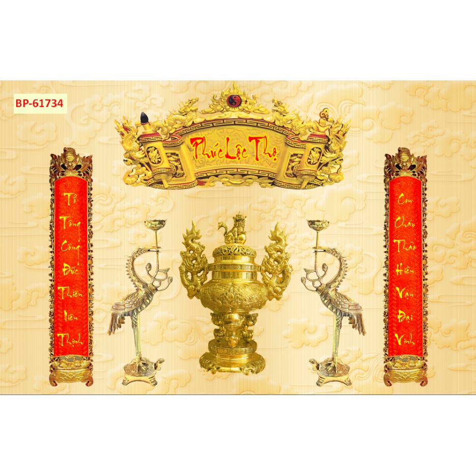 Tranh 3d dán tường bằng vải lụa cao cấp vị trí ban thờ, bàn thờ gia tiên có câu đối cân xứng 2 bên