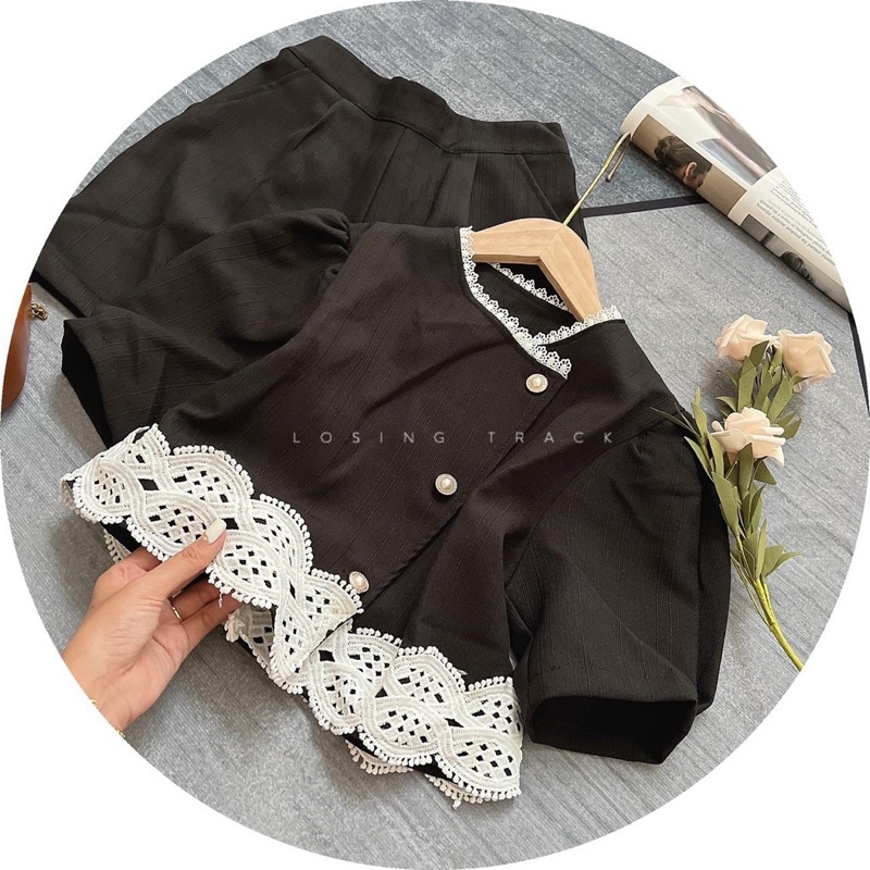 SET ÁO ĐEN PHỐI NÚT VIỀN REN TRẮNG + SHORT