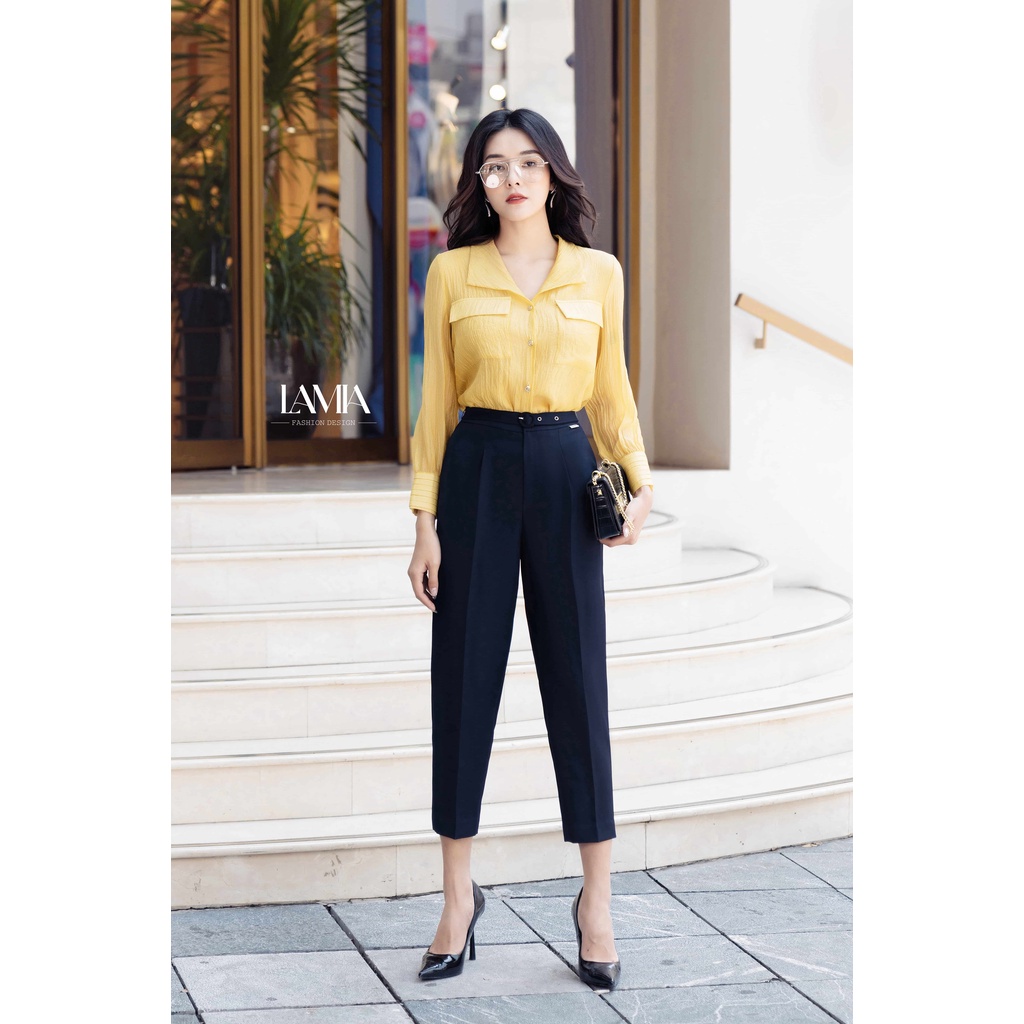 Áo sơ mi lụa vàng họa tiết LUXA002 Lamia Design
