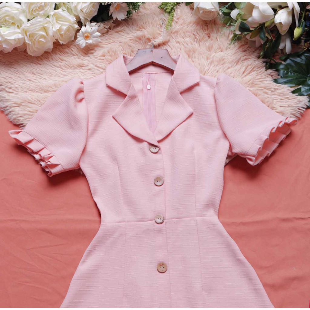 Đầm công sở hồng cổ vest thiết kế sang trọng cao cấp dáng chữ a tay ngắn tôn dáng sáng da hợp đi làm đi tiệc - Lux W | BigBuy360 - bigbuy360.vn