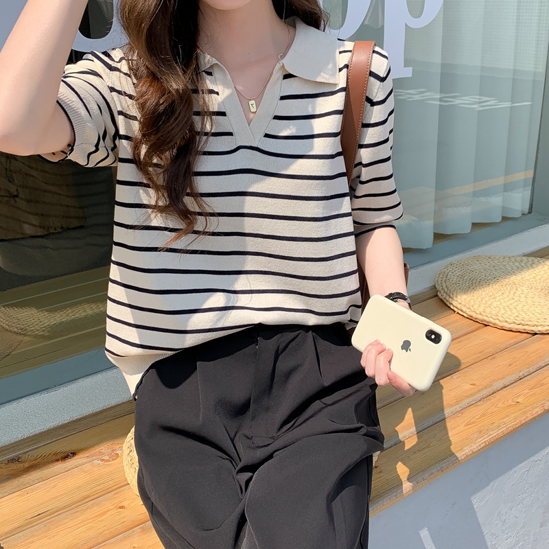 Áo Polo Ngắn Tay Kẻ Sọc Phong Cách Hàn Quốc Xinh Xắn Cho Nữ | BigBuy360 - bigbuy360.vn