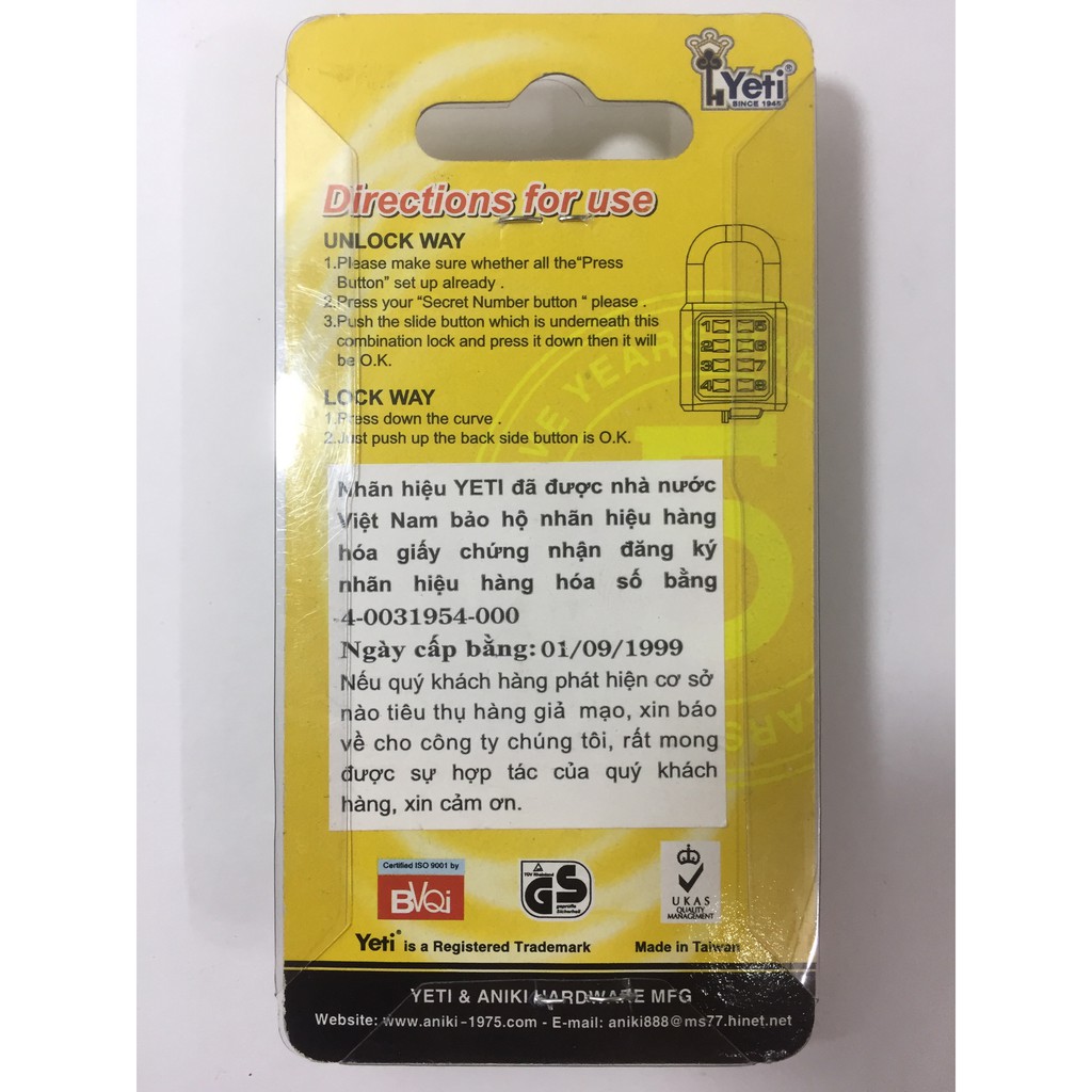 KHÓA TỦ, KHÓA CỬA 10 SỐ BẤM YETI (CHÍNH HÃNG)