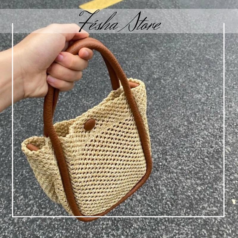 Túi cói đi biển kèm túi da nhỏ bên trong_có nút bấm và dây đeo