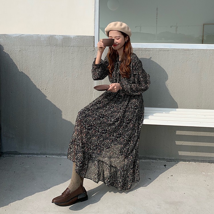 (order 15 ngày) Đầm hoa nhí dáng dài phong cách vintage cổ cột nơ | BigBuy360 - bigbuy360.vn