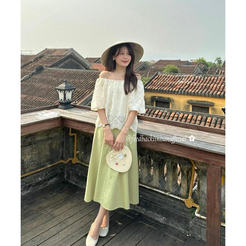 SET ÁO XÔ ĐỤC LỖ BẸT VAI + CHÂN VÁY MIDI XANH BƠ (TH)