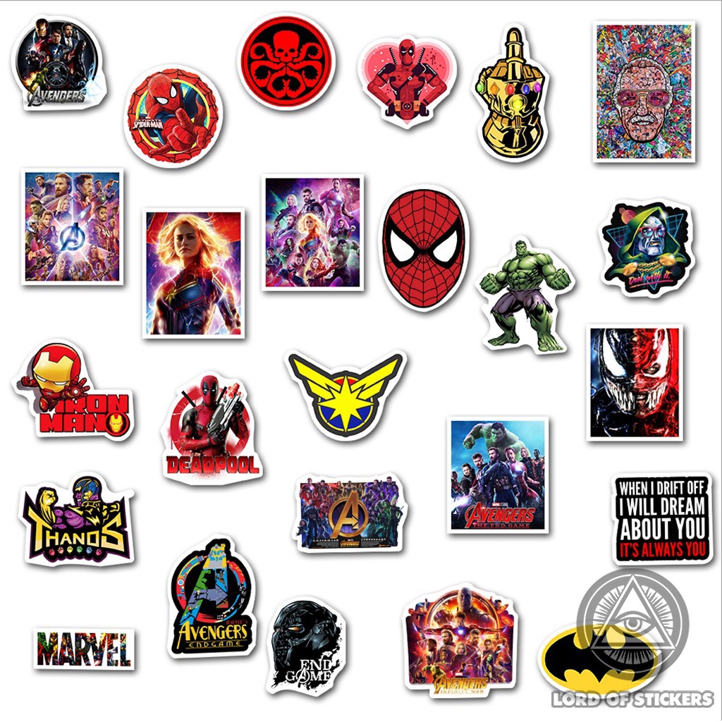 Set 50 Nhãn Dán Siêu Anh Hùng Marvel DC Sticker Phim Hoạt Hình Chống Thấm Nước Trang Trí Mũ Bảo Hiểm, Ván Trượt, Laptop