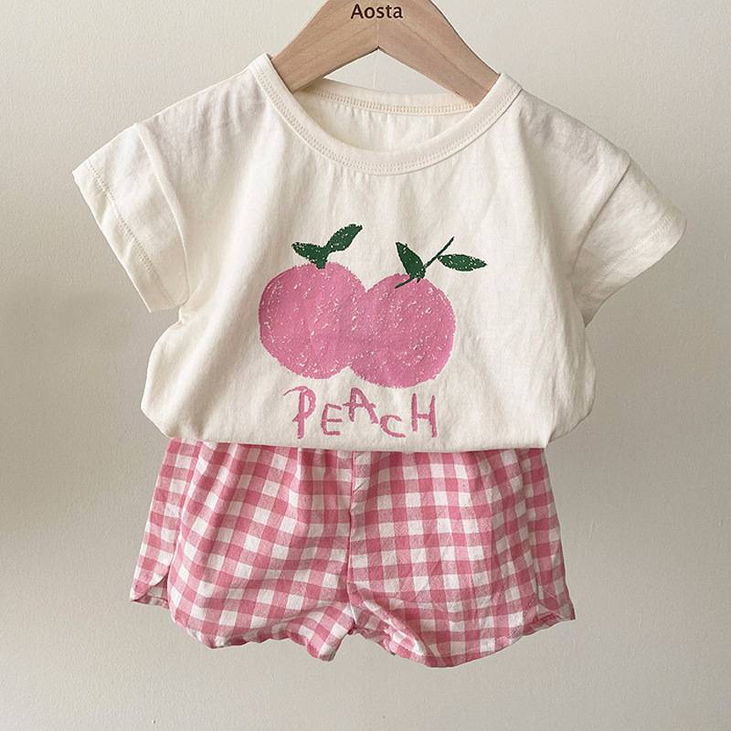 Set Áo Thun Cotton Tay Ngắn In Hình Trái Cây + Quần Short Năng Động Thời Trang Phong Cách Hàn Quốc Cho Bé