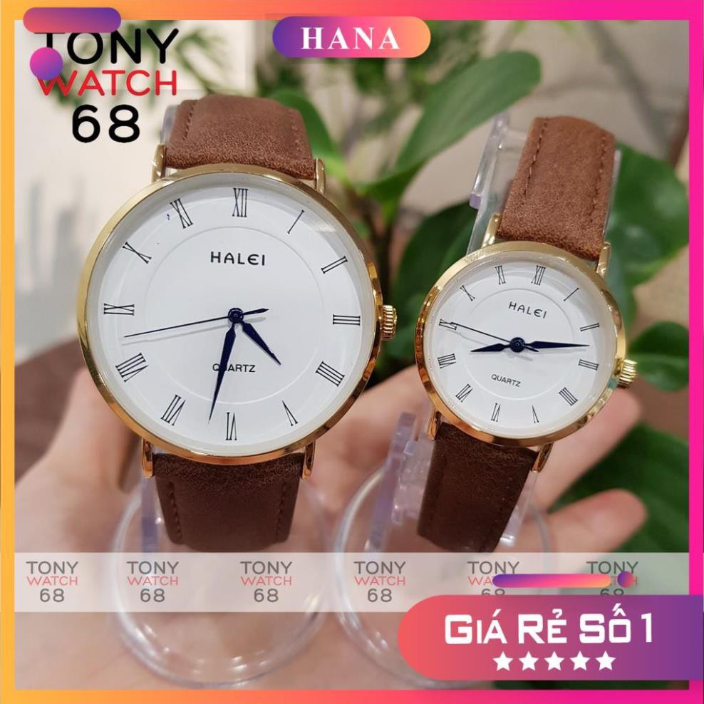 Đồng hồ cặp đôi nam nữ Halei kim xanh mặt trắng dây da nâu chính hãng Tony Watch 68