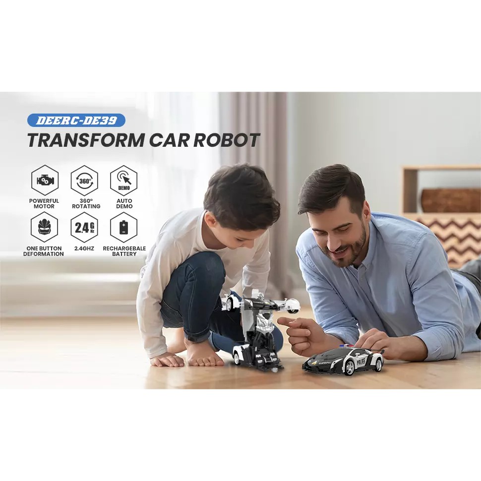 DEERC Đồ Chơi Robot Xe Cảnh Sát Điều Khiển Từ Xa Biến Hình Một Nút Tỷ Lệ 1:18 Có Đèn LED Và Chức Năng Trôi 360 ° Đồ Chơi