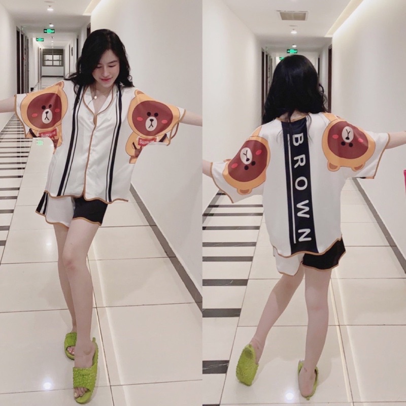 Đồ bộ ngủ pijama tay ngắn quần đùi hình gấu lụa Latin | BigBuy360 - bigbuy360.vn