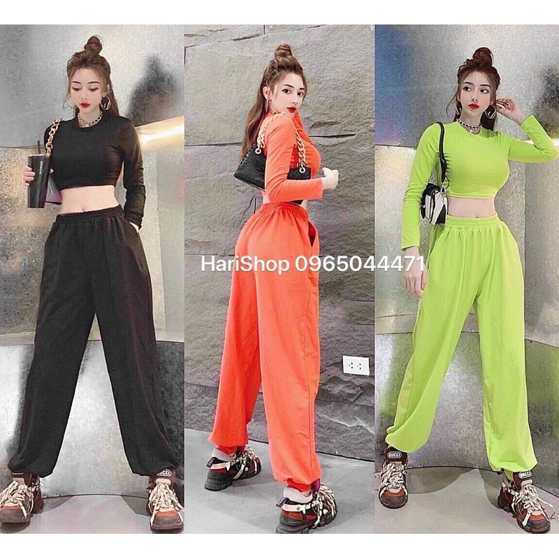 Set thể thao áo crop tay dài quần from rộng cao cấp