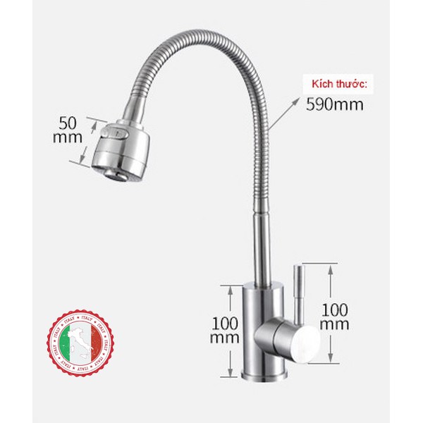 Vòi rửa chén nóng lạnh (cổ mềm) SUS304 + 2 dây cấp - Hàng Cao cấp ITALIA