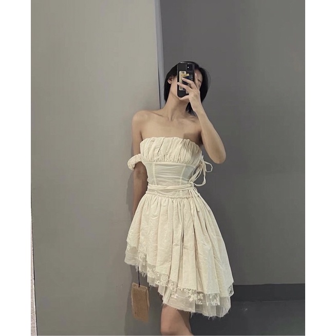 |BIBI| Đầm trễ vai tà xéo phối ren TLÉA