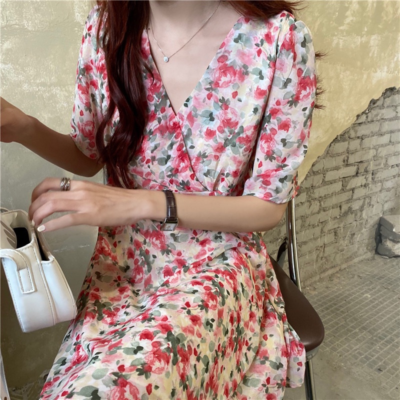 Đầm hoa SUXI tay ngắn cổ chữ V dáng chữ A phong cách cổ điển đơn giản thời trang mùa hè cho nữ