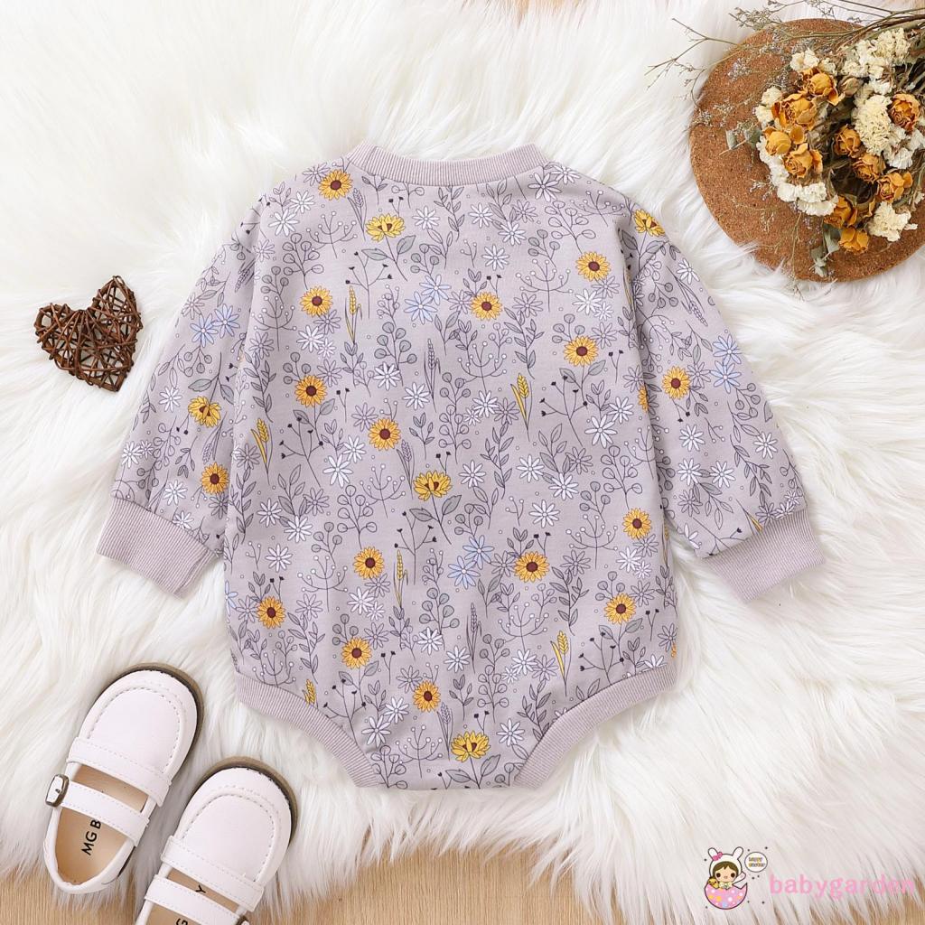 Áo Liền Quần Dài Tay Cổ Tròn In Hoa Thời Trang Mùa Thu Cho Bé Gái 0-24 Tháng Tuổi