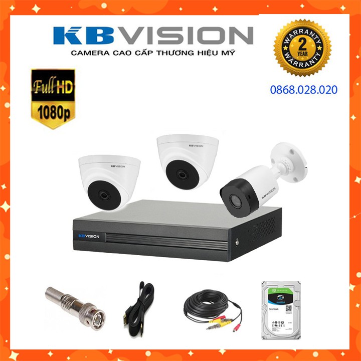 {Khuyến mãi siêu khủng} Trọn Bộ 3 Mắt Camera 2.0M Full HD KBVISION +HDD 500G + 60 Mét Dây Liền Nguồn Đã Được bấm 2 Đầu