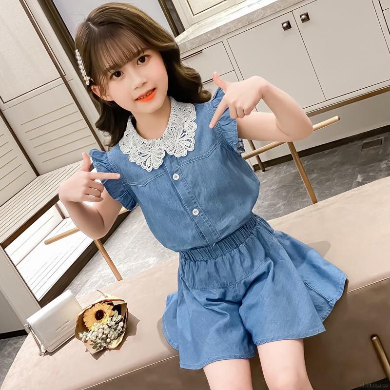 Set áo không tay phối ren và quần short thời trang cho trẻ em 3-15 tuổi