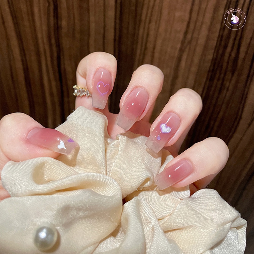Bộ 24 Móng Tay Giả Dạng Nhấn Dài Màu Hồng Che Phủ Toàn Diện Đầy Đủ Có Thể Tháo Gỡ Kèm Gel Thạch Trái Tim Cho Nữ