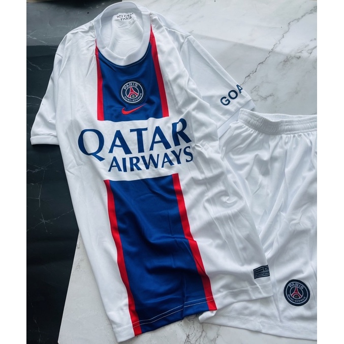 Set bộ quần áo thể thao bóng đá nam nữ vải gai mịn clb psg paris saint germain sân khách áo trắng quần trắng 2022 2023