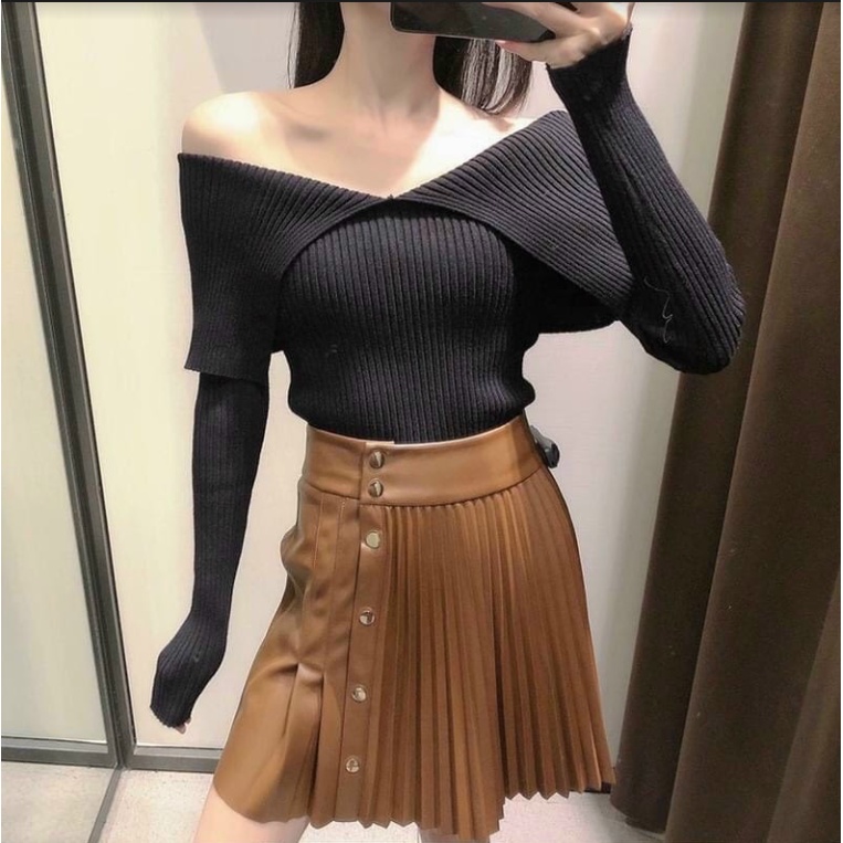 Áo Len Nữ Dài Tay , Áo trễ vai cổ xẻ ngang gợi cảm phong cách ulzzang Hàn Quốc
