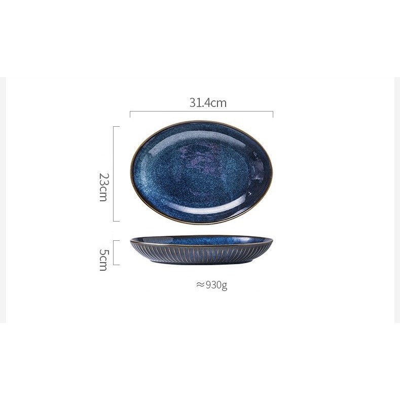 (SẴN) Đĩa cá, đĩa oval 31cm sứ men xanh lam sang trọng Sea - Dĩa sứ cao cấp phong cách Bắc Âu