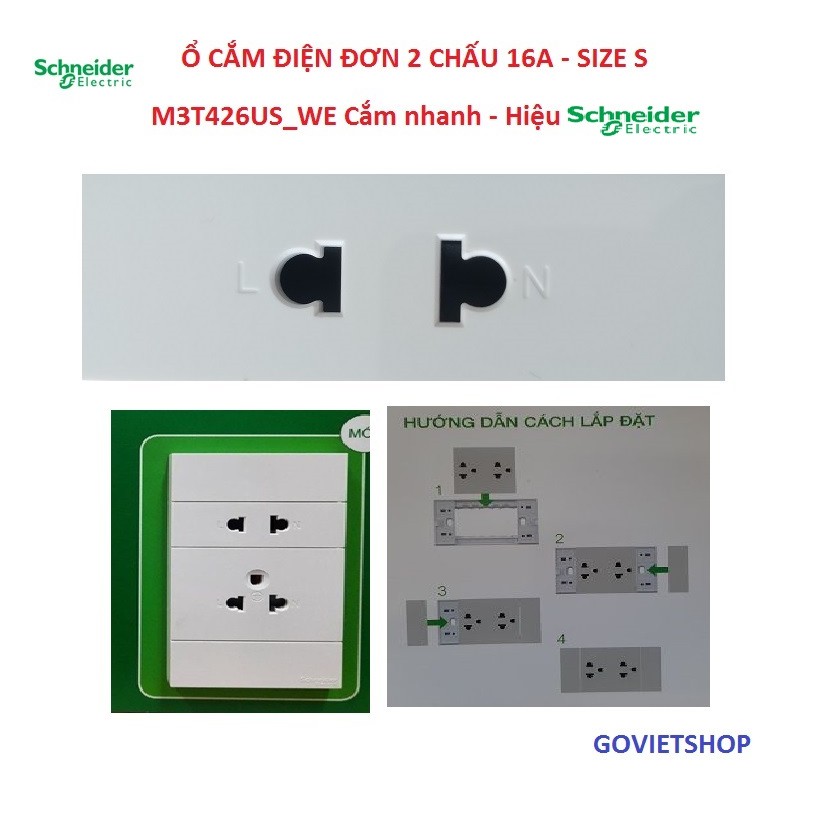 Ổ cắm điện Schneider đơn 2 chấu 16A, size S, mã M3T426US_WE cắm nhanh