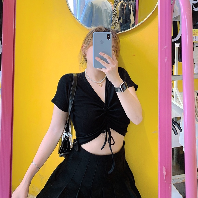 Áo croptop rút dây giữa gân co giãn siêu đẹp 🦋 [FREESHIP] Áo Croptop Tay Ngắn TRẮNG ĐEN BASIC