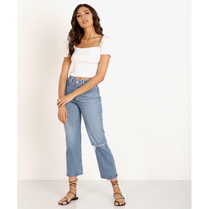 Áo thun bo thân lime blue xuất mỹ dư xịn dáng croptop tay phồng nhẹ