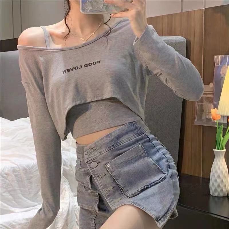 [CÓ ẢNH THẬT] Áo Thun Dài Tay Nữ Kiểu Hàn Quốc 2in1 Áo Croptop + Áo Hai Dây