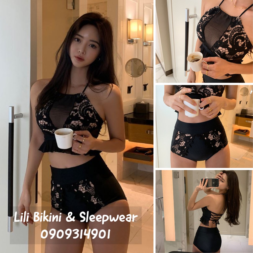 Mẫu mới Bikini ren hoa Hàn Quốc sexy 2 mảnh gợi cảm ren hoa hàng cao cấp màu đen