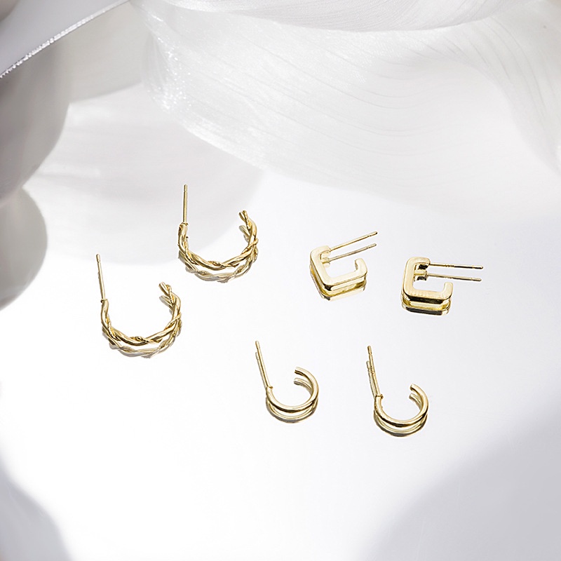 Bông Tai Kim Loại Hình Chữ C/Vuông/Tròn Nhỏ Dạng Xoắn Không Phai Màu Cho Nữ