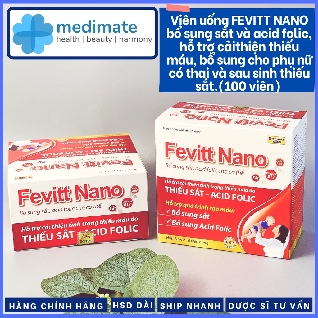 Viên uống FEVITT NANO bổ sung sắt và acid folic (Hộp 100 viên)
