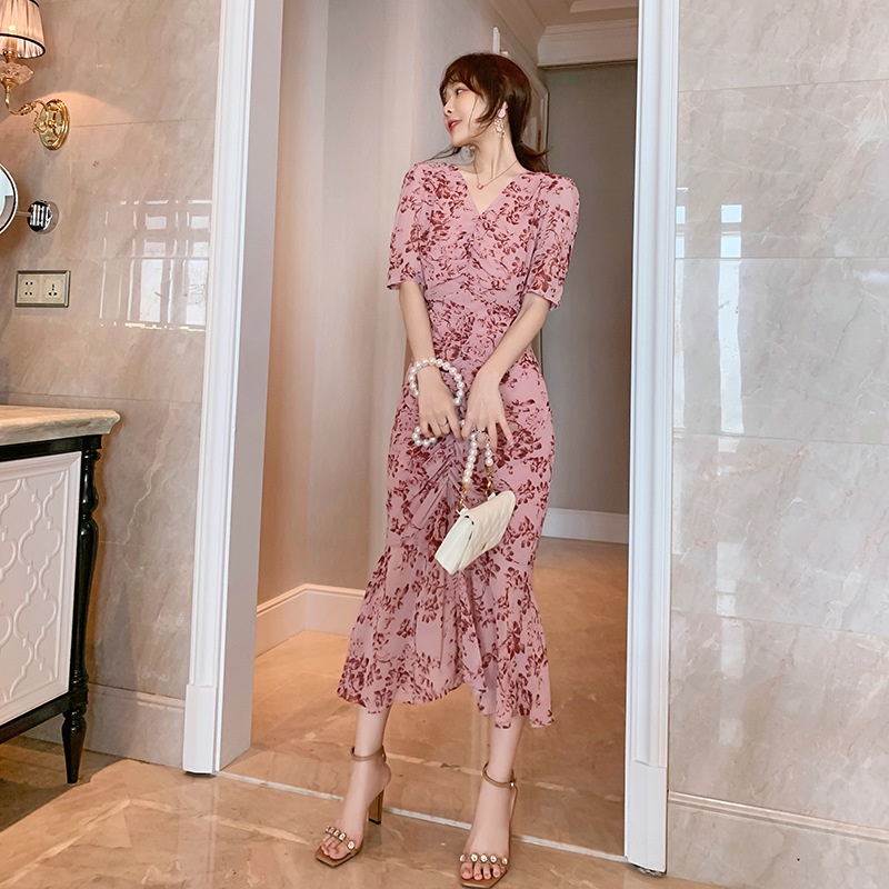 ZYHT Đầm Voan Hoa Xếp Ly Ôm Dáng Phong Cách Thời Trang Nữ 4864