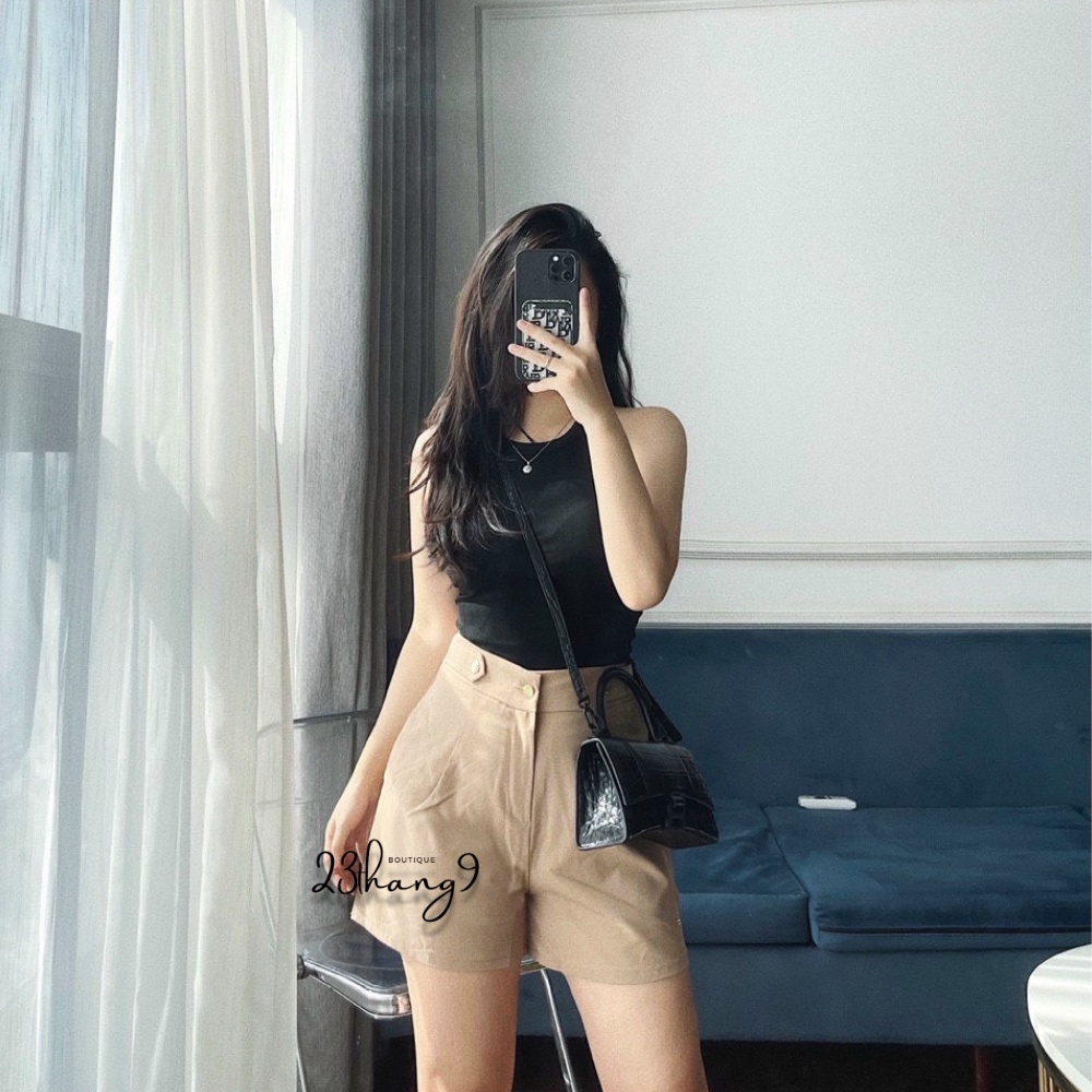 Quần short nữ ống rộng lưng cao cúc đồng quần đùi nữ cạp cao chất thô mềm màu đen màu be đi chơi đi du lịch 23thang9