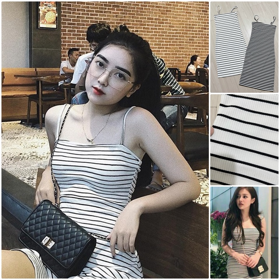 ĐẦM BODY 2 DÂY PHỐI KẺ SỌC SEXY GỢI CẢM - 2 MÀU XINH XẮN - FREE SIZE ĐẾN 52KG