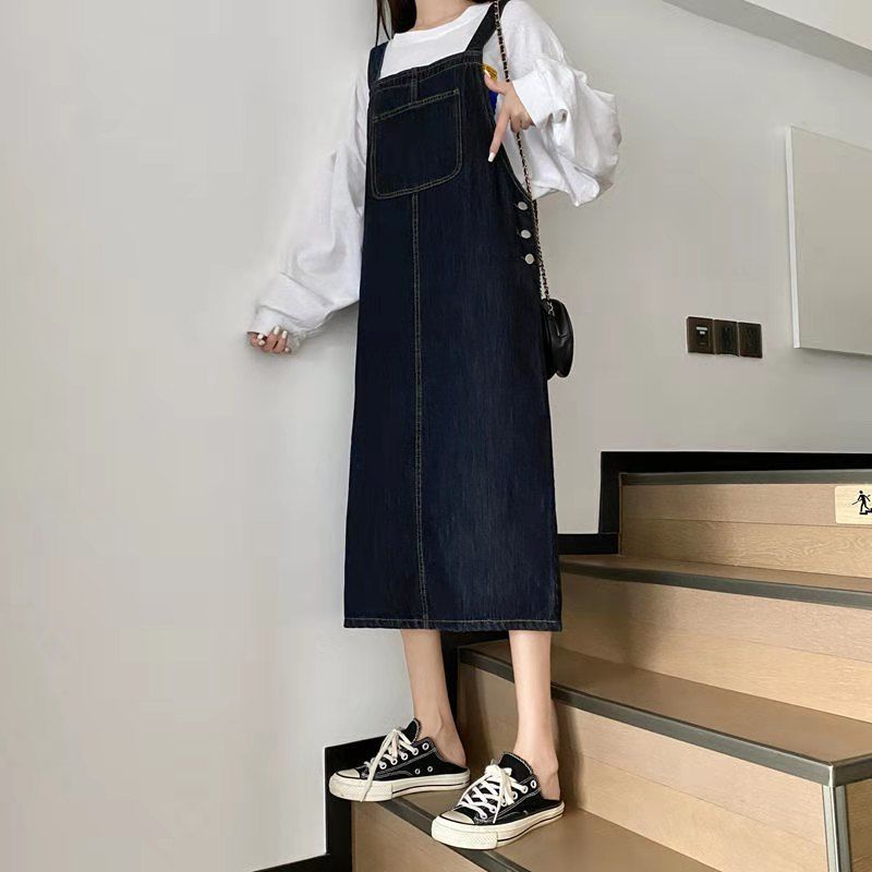 Đầm yếm denim SUXI dáng rộng phong cách Hàn Quốc thời trang mùa thu xinh xắn cho nữ