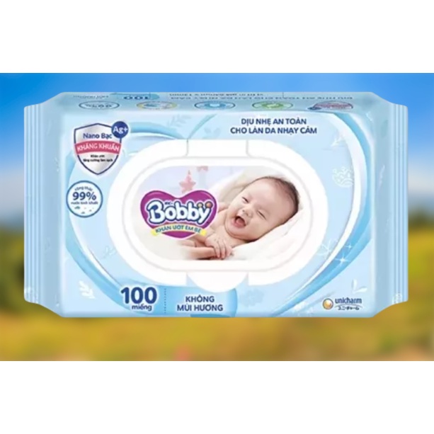 Khăn ướt Bobby Care không mùi 100 tờ/gói (xanh)