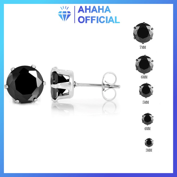 Bông tai nam inox cao cấp rẻ đẹp 1 cặp đá tròn đen bấm lỗ tai ahaha.officical nhiều kích cỡ màu đen PTBTNA21