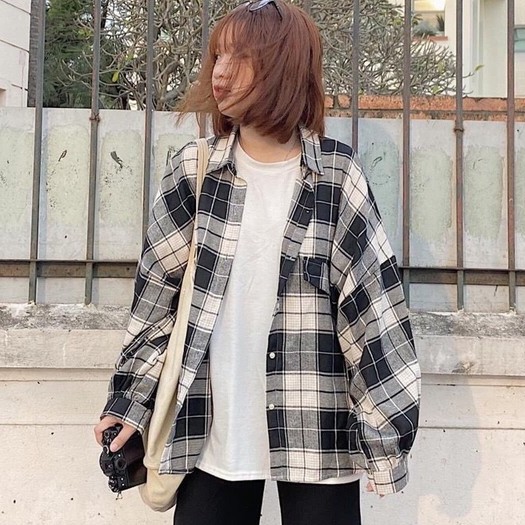 Unisex Áo Sơ Mi Nam Nữ Đẹp Oversize Kẻ Caro Lệch Túi Dễ Thương Hot Trend Ulzzang-HươngSu