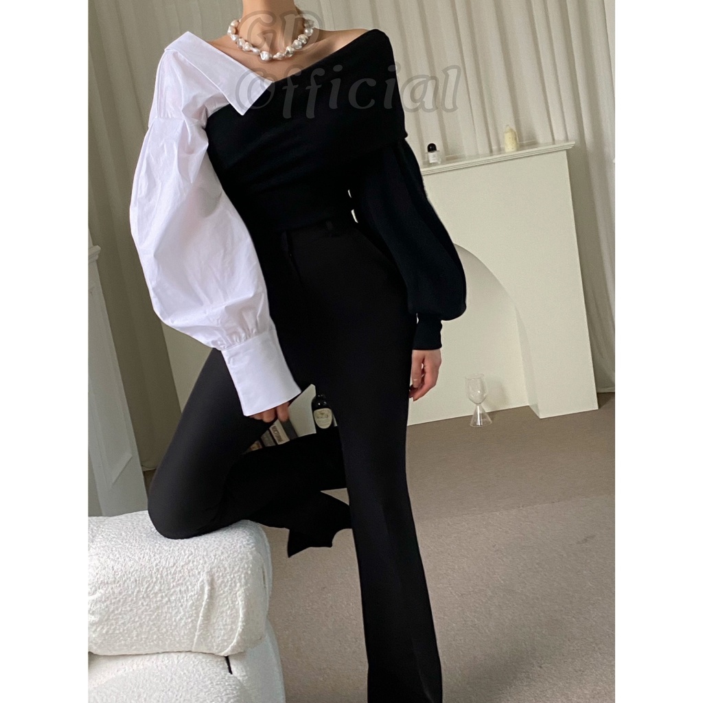 A88|Áo sơ mi nữ polo cổ V cotton phối len dệt kim trễ vai, váy chữ A cạp lưng cao da pu dài rộng nâu, đen GD Official