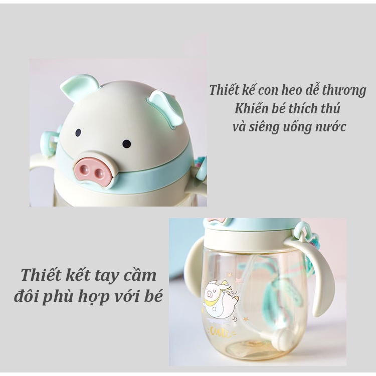 Bình uống nước chống sặc cho bé con heo bình tập uống nước cho bé 350ml có ống hút và dây đeo cute B6
