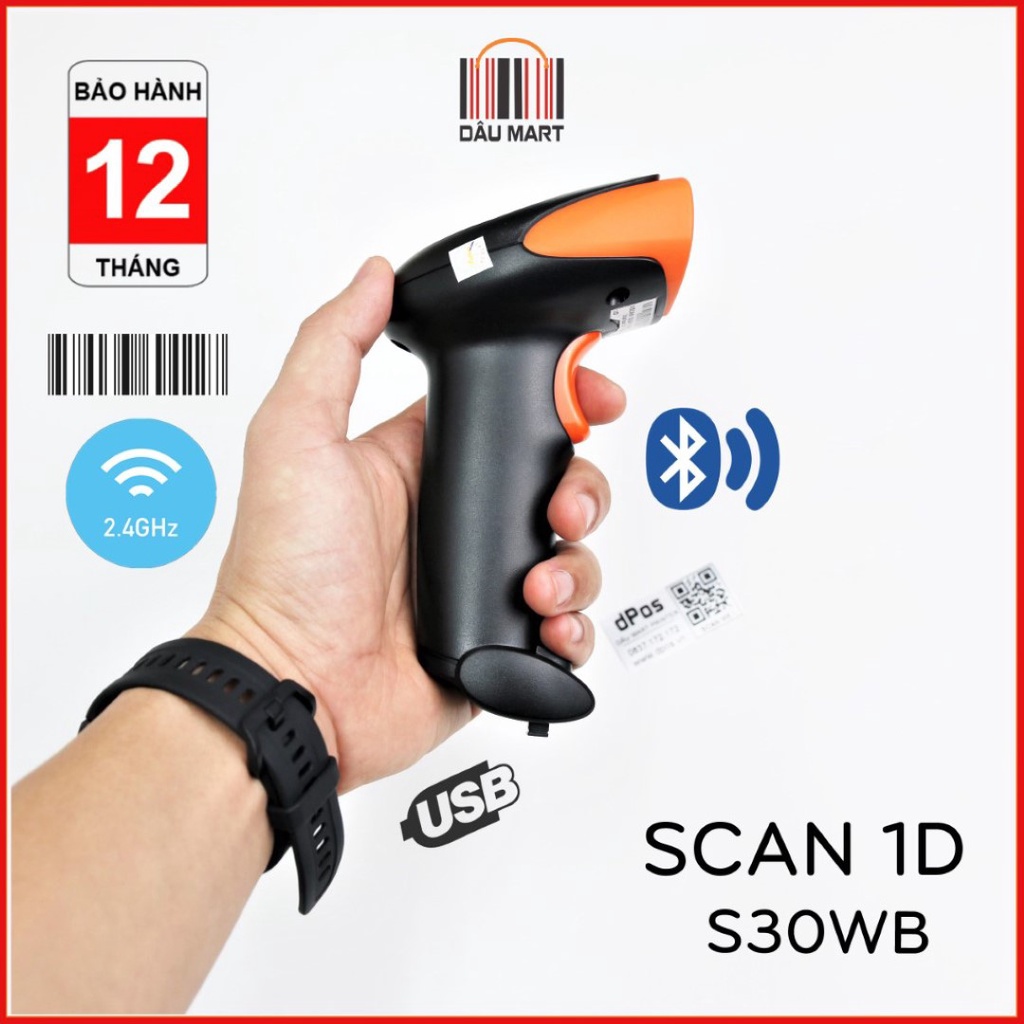 Máy quét mã vạch không dây Bluetooth dPos S30WB Scan mã vạch Barcode 1D dành cho shop bán hàng quản lý xuất nhập kho