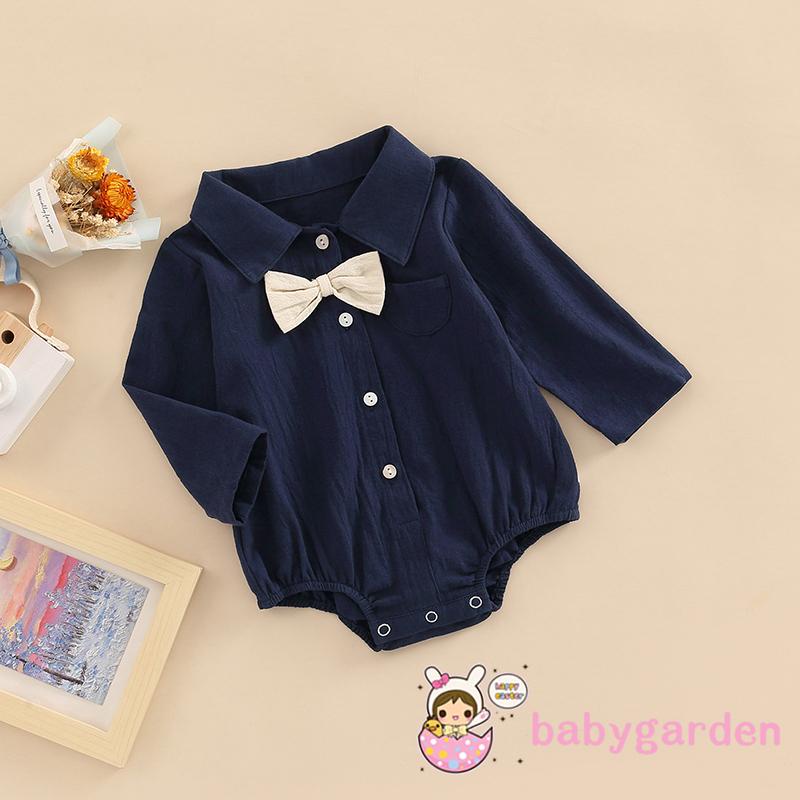 Bộ Áo Liền Quần Tay Dài Màu Trơn Cài Nút Thắt Nơ Dành Cho Bé Trai 0-18 Tháng Tuổi