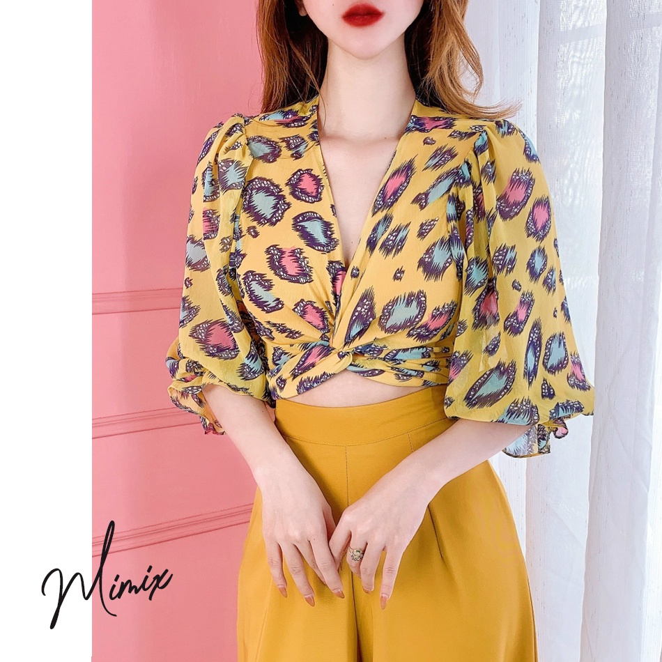 Áo sơ mi pha ren đắp chéo tay dài MIMIX BM0120