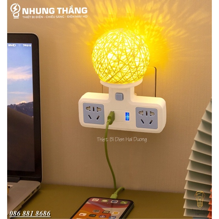 Ổ Cắm Điện Đa Năng - Đèn Ngủ Cầu Mây - 2 Cổng USB , Ổ Chịu Tải 2500W, Chống Cháy Nổ - Tặng Kèm Phích Chuyển Đổi